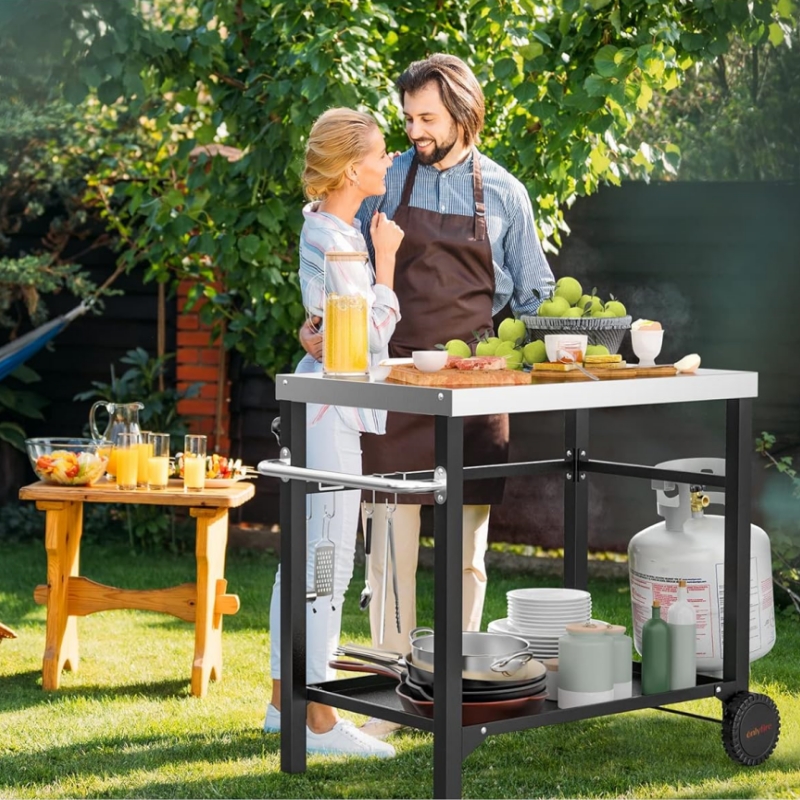 Two layer barbecue station movable workbench Two layer barbecue station movable workbench